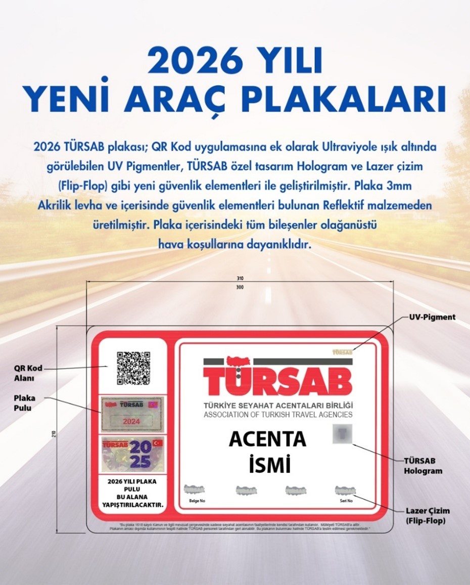 TÜRSAB araç plakası — tanıtım örneği; acentamıza ait belge değildir.